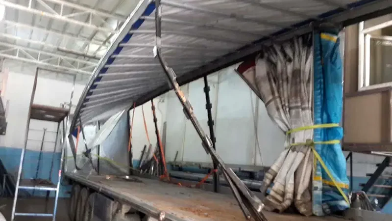 Interior frame of a trailer opened for repair in the workshop